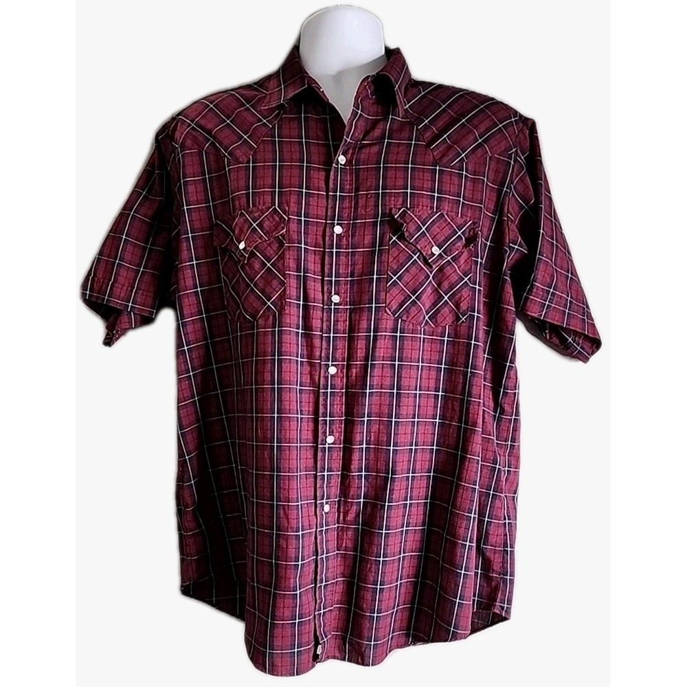 Plains Western Wear Shirt Men's L Maroon Plaid Pearl Snaps Rodeo Cowboy